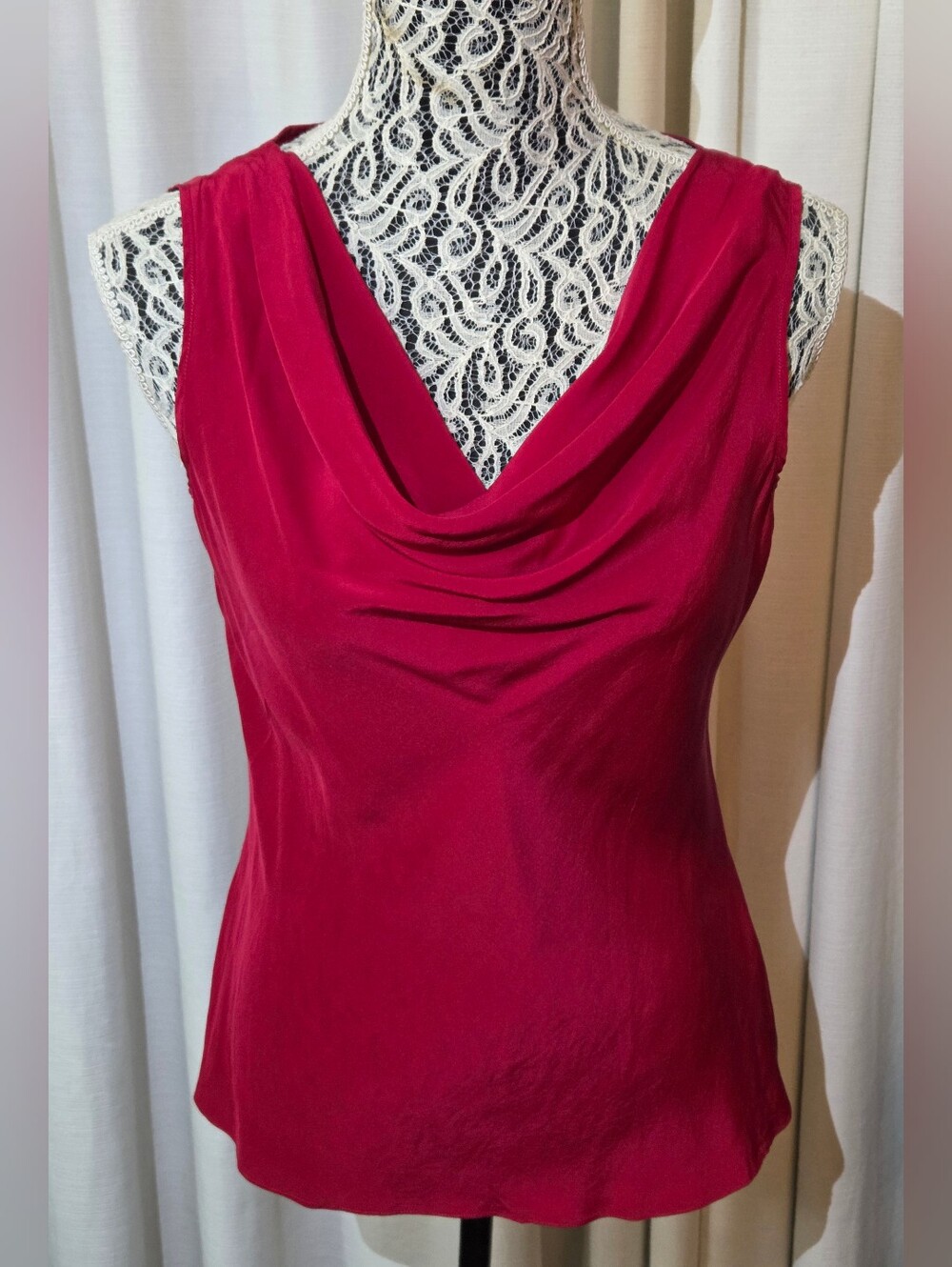 ​100% Silk Red Cowl Neck Sleeveless Top Cami Blouse